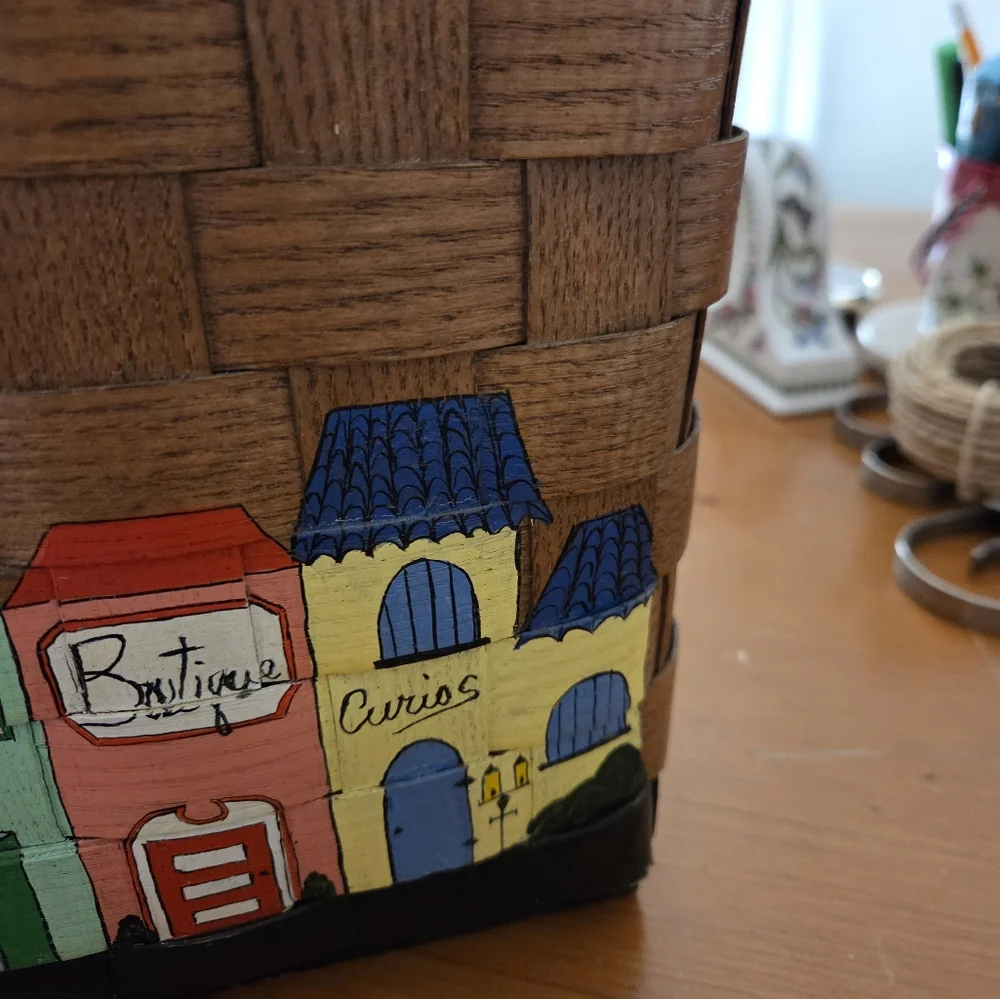 70's Hand-painted Woven Wood Basket Purse Lined In Calico And Has Brass Hinges